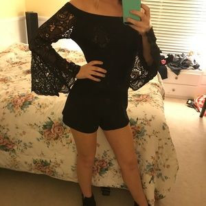 Black Romper With Bellbottom Lace Sleeves